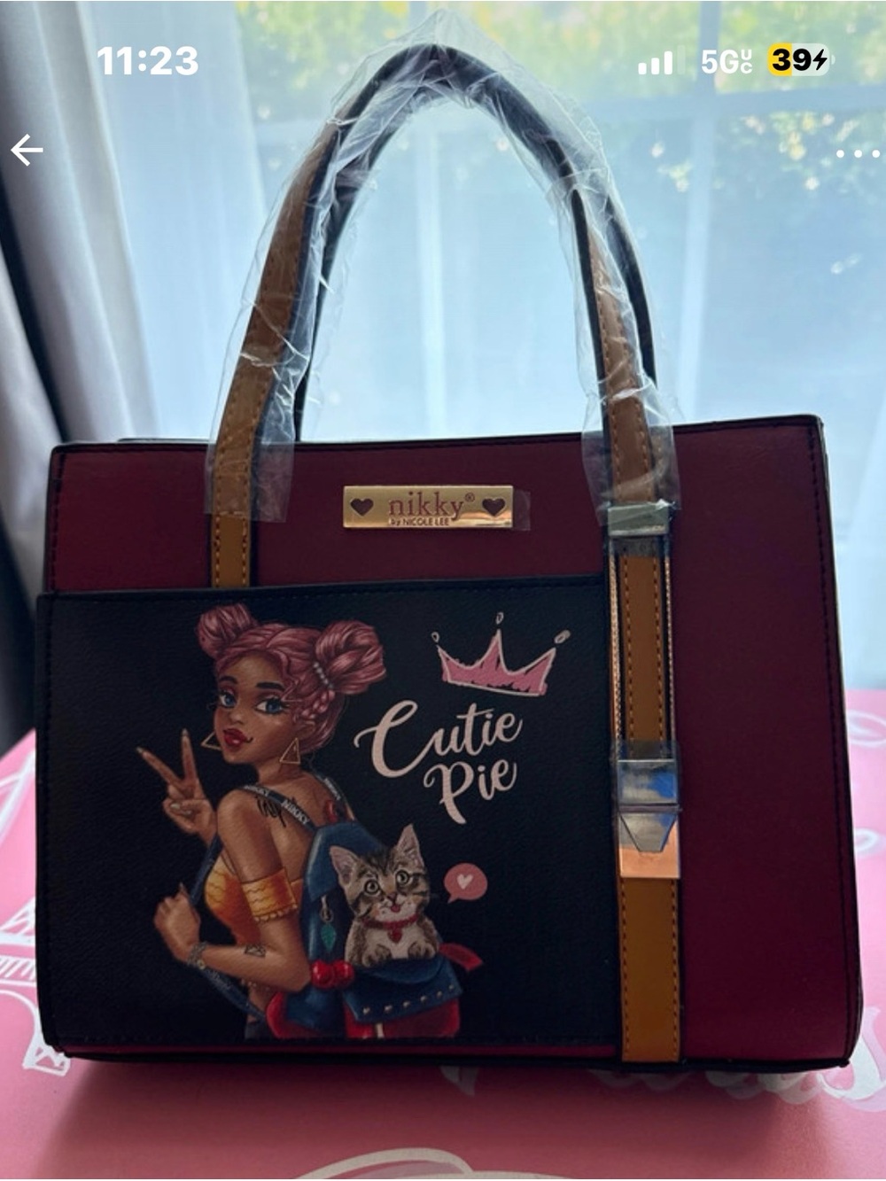 Nicole Lee Burgundy and Black 'Cutie Pie' Satchel with Tan Handles